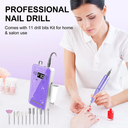 Professional Electric Nail Drill File:COSYGLOW Glitter Portable Cordless E-File Nail Drill Kit with 11 Drill Bits,30000 RPM Rechargeable Nail Drills Machine for Acrylic Nails Gel Polishing (Pink)