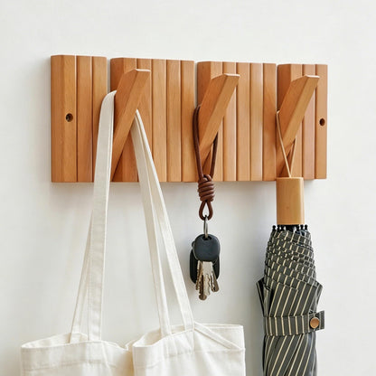 VelnixArvone Wall Mounted Piano Coat Rack, Decorative Wooden Wall Hooks with Fold-Away Design, 9 Flip-Down Coat Hooks for Entryway, Bedroom, Laundry Room (Natural Beech)