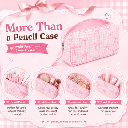 LEDAOU Cute Pencil Case for Kids Girls Boys Pencil Pouch kawaii Pen Pencil Box Bag Holder for School Students (Corduroy Pink Bow Checkered)