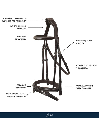 ExionPro Anatomical Snaffle Jumping Bridle for Horses with Removable Flash Noseband & Rubber Reins– Premium Vegetable-Tanned Leather, SS Buckles, Padded MonoCrown, Designer Stitching