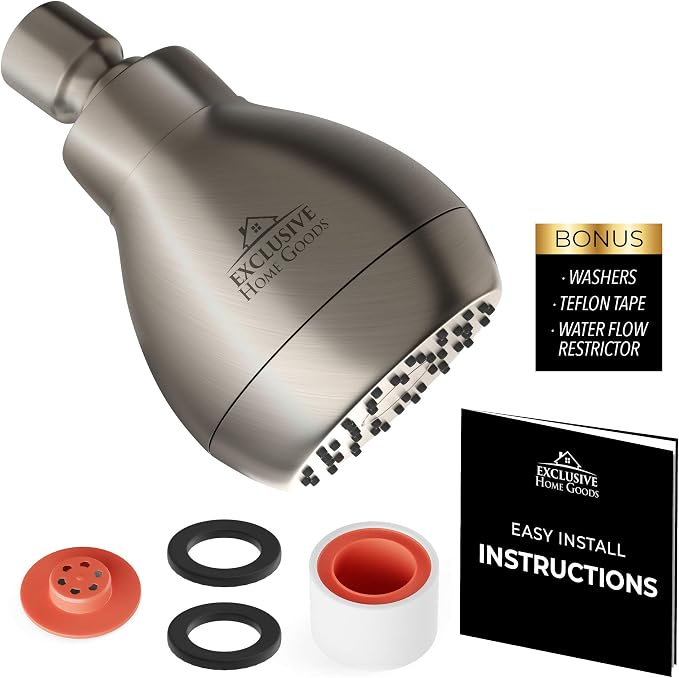 High Pressure Shower Head - Brushed Nickel - Powerful Deluxe Bathroom Showerhead with Strong Spray Stream and Small Silicone Nozzles - Universal Fit Works with High and Low Water Flow Showers-2.5 GPM