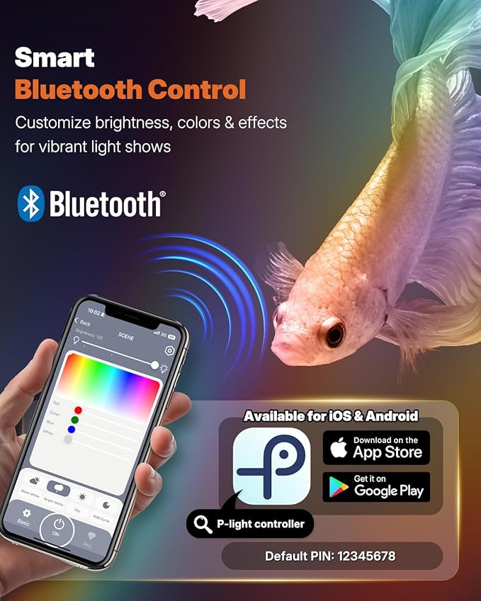 Pawfly Aquarium Light with Bluetooth for Plants, 12W 24 inch Full Spectrum Fish Tank Light for 24-44 inch Fish Tanks, Submersible LED Lights with App Control, Timer Modes & Adjustable Brightness