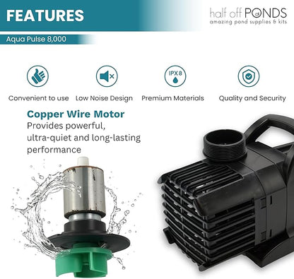 HALF OFF PONDS Submersible Water Pump, 8,000 GPH Pond Pump with 100FT Power Cord and 24FT Max Head, 540W Ultra Quiet Energy Efficient Pump for Koi Pond, Fountain, Waterfall, Water Garden, Skimmer