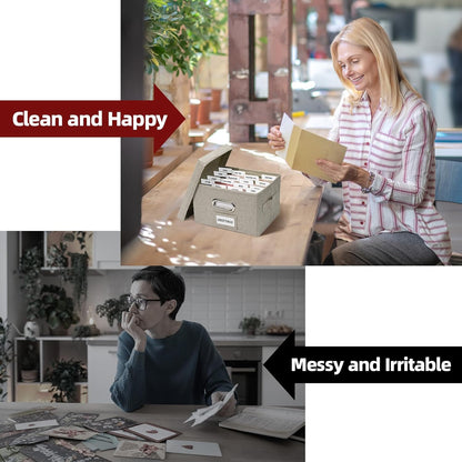 Greeting Card Storage Box, Linen Storage Box with 32 Adjustable Dividers, 168 Labels, 2 Marker Pen, Perfect for Organizing Greeting Cards, Envelopes, Photos 2 Pack Beige