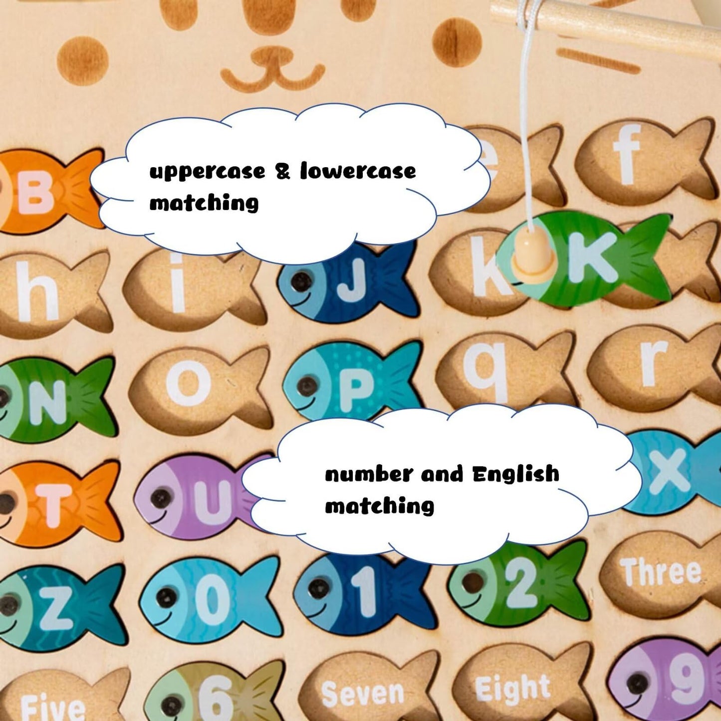 CleCoCenCir Magnetic Alphabet Numbers Fishing Game, Wooden ABC Letter Numbers Uppercase Lowercase Matching Puzzle Fine Motor Montessori Educational Toy for Preschool 3 4 5 Year Old Toddlers