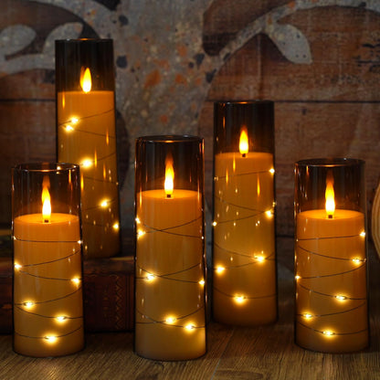 Eebuss Flameless Candles with Embedded Star String, Battery Operated LED Pillar Candles with Timer and Remote Control,Home Decorating for Ambiance， Set of 7(Grey)