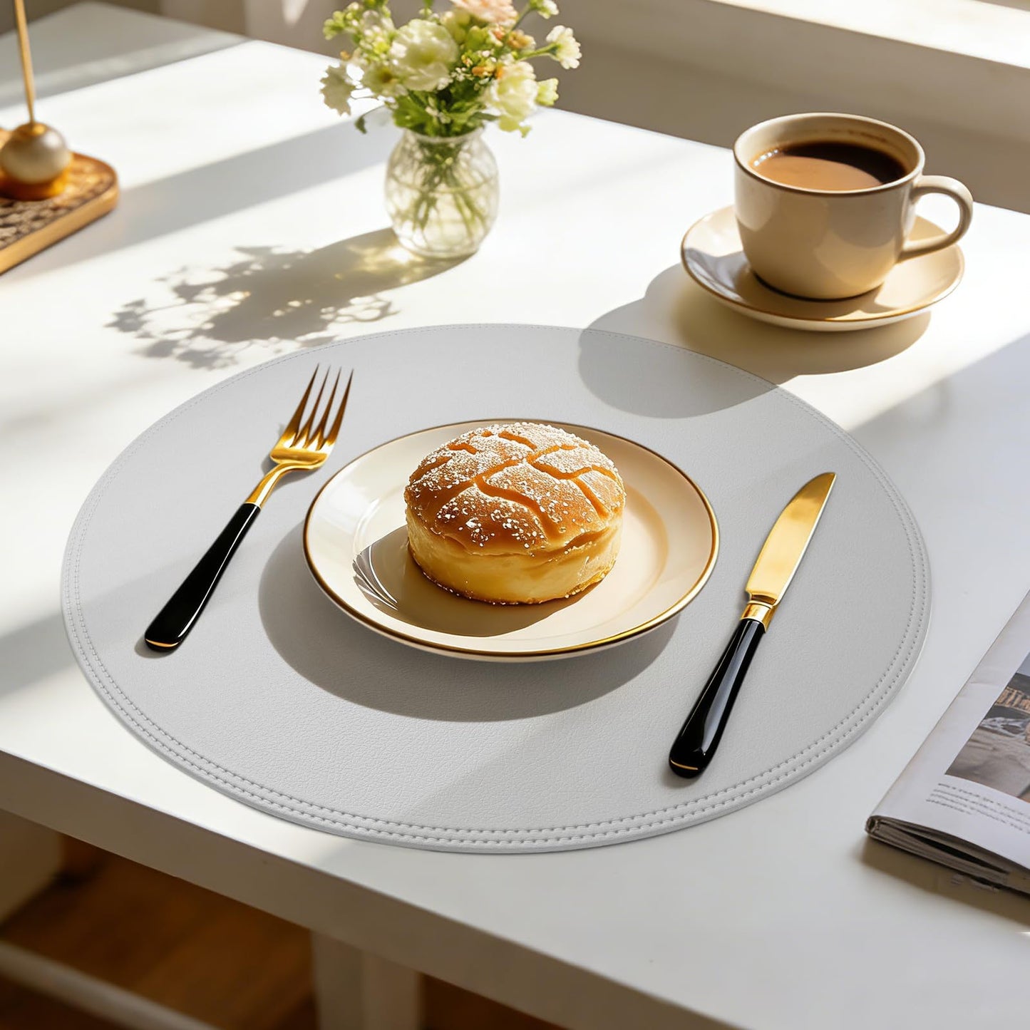 15" Faux Leather Round Placemats Set of 4, Vinyl Heat Resistant Place Mats, Waterproof Wipeable Washable Table Mats for Dining Table Kitchen Halloween Thanksgiving Christmas Dinner Decor