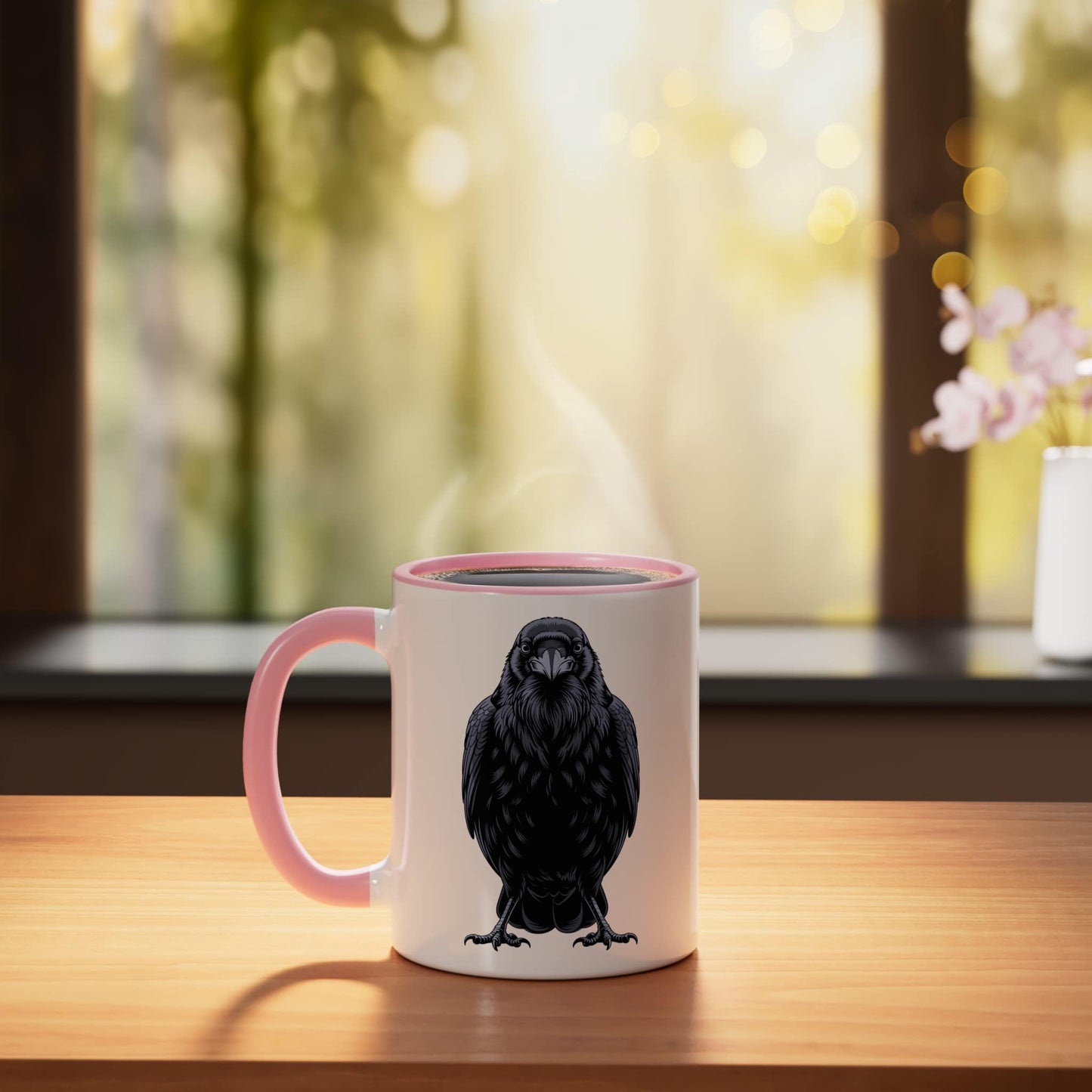 Black Raven Art Crow Nature for Women Men Ceramic Mug, Pink/White