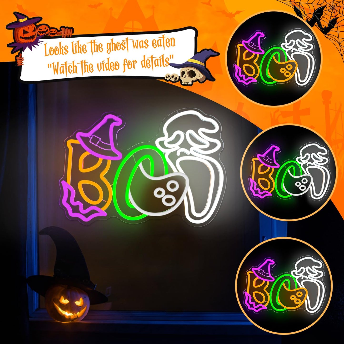 Halloween Boo Neon Sign for Wall Decor Ghost Face Led Sign Animated Looks Like The Ghost Was Eaten Bat Witch Hat Ghost Neon Light Up Sign for Window Bar Horror Halloween Party Man Cave Game Room