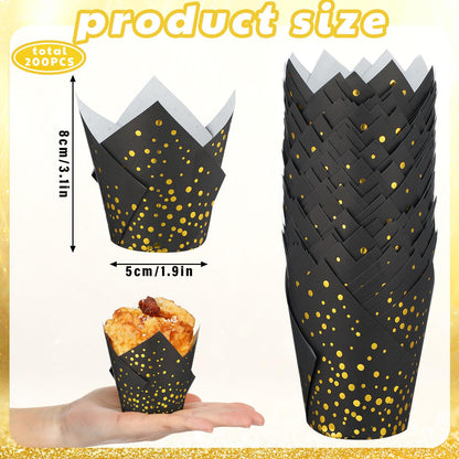 Gerrii 200 Pcs Black Gold Dot Tulip Cupcake Liners Graduation Mini Paper Baking Cups Cupcake Wrappers Muffin Liners for Wedding Tea Party Bridal Baby Shower Decoration
