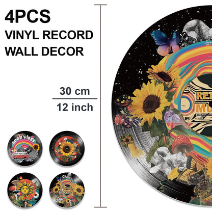 DOODLREAM 4PCS Collage Sunflower Vinyl Record Wall Decor 12" Hippy Mushroom Plant Wall Art Posters for Room Aesthetic, Sun Retro Record Decorations for Music Party Studio Living Room DIY Craft Project