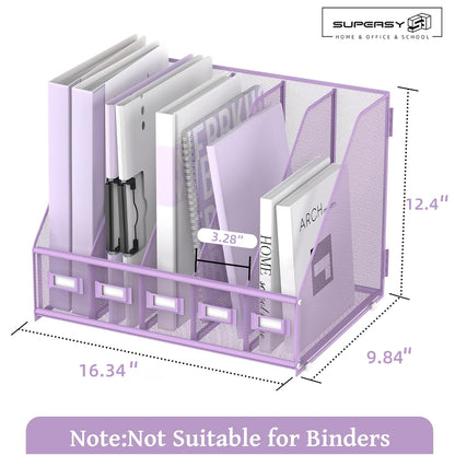 SUPEASY Desk Organizers Metal Desk Magazine File Holder with 5 Vertical Compartments Rack File Organizer for Office Desktop, Classroom, Home Workspace, Purple