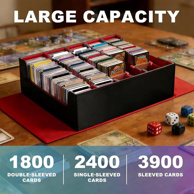 Magnetic Leather Trading Card Storage Box - 5-Row Deck Case Design, 3900+ Capacity for YuGiOh, MTG, TCG and Sports Cards, Includes 24 Colorful Dividers & 5 Card Supports（Black/Red）