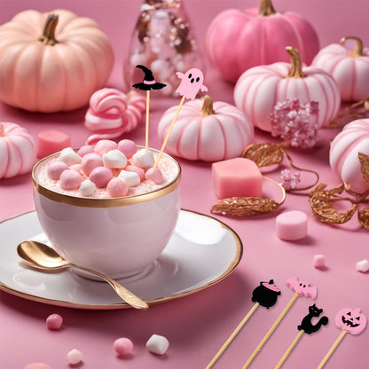 Whaline 120 Pcs Pink Black Halloween Cocktail Picks Cute Ghost Pumpkin Bamboo Toothpicks Garnish Sticks for Appetizers Fruit Sandwiches Drinks Skewers, 6 Designs