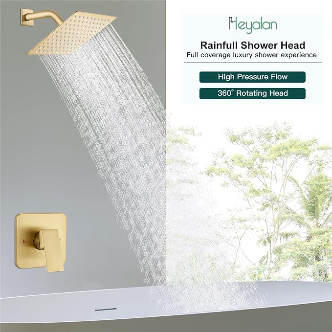 Heyalan Shower Faucet Set with Valve, Bathroom Rainfall Shower System, Wall Mount Single Handle Shower Trim Kit, Rainfall Fixed Shower Head, 8 Inch Square Shower Head,Brushed Gold