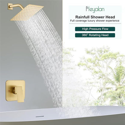 Heyalan Shower Faucet Set with Valve, Bathroom Rainfall Shower System, Wall Mount Single Handle Shower Trim Kit, Rainfall Fixed Shower Head, 8 Inch Square Shower Head,Brushed Gold