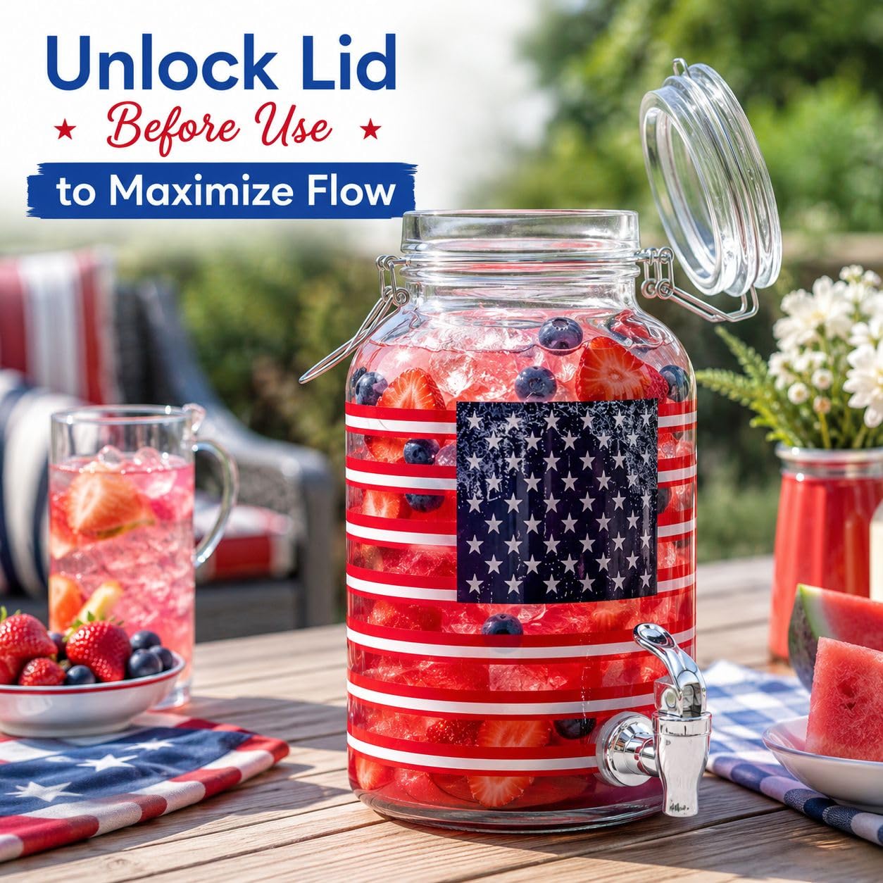 1 Gallon Glass Drink Dispenser with Spigot – 250 anniversary American Flag Beverage Dispenser, Leak-Proof, Airtight Lid, Large Mouth, Perfect for Parties, BBQs, Indoor & Outdoor Use, Hand Wash Only.
