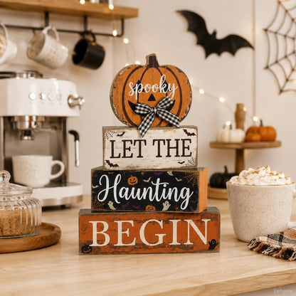 4 Pcs Halloween Table Decorations Pumpkin Bow Tiered Tray Decor Farmhouse Rustic Wooden Block Signs Spooky Halloween tabletop Centerpiece for Home Kitchen Mantel Shelf