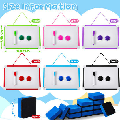 Colarr 12 Pack Hanging Magnetic Dry Erase Board 8'' x 12'' Small Double Sided White Board for Students Teachers Mini Whiteboard Bulk School Supplies Including Markers Magnetic Buttons and Blue Erasers