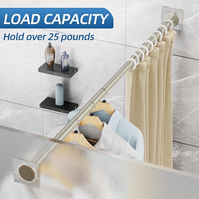 CorkLatta Nickel Shower Curtain Rod,1 Inch Diameter Stainless Steel Adjustable Spring Tension Rods 32 to 68",with Holders,Anti-Slip,Curtain Rods No Drilling(1 Pack)