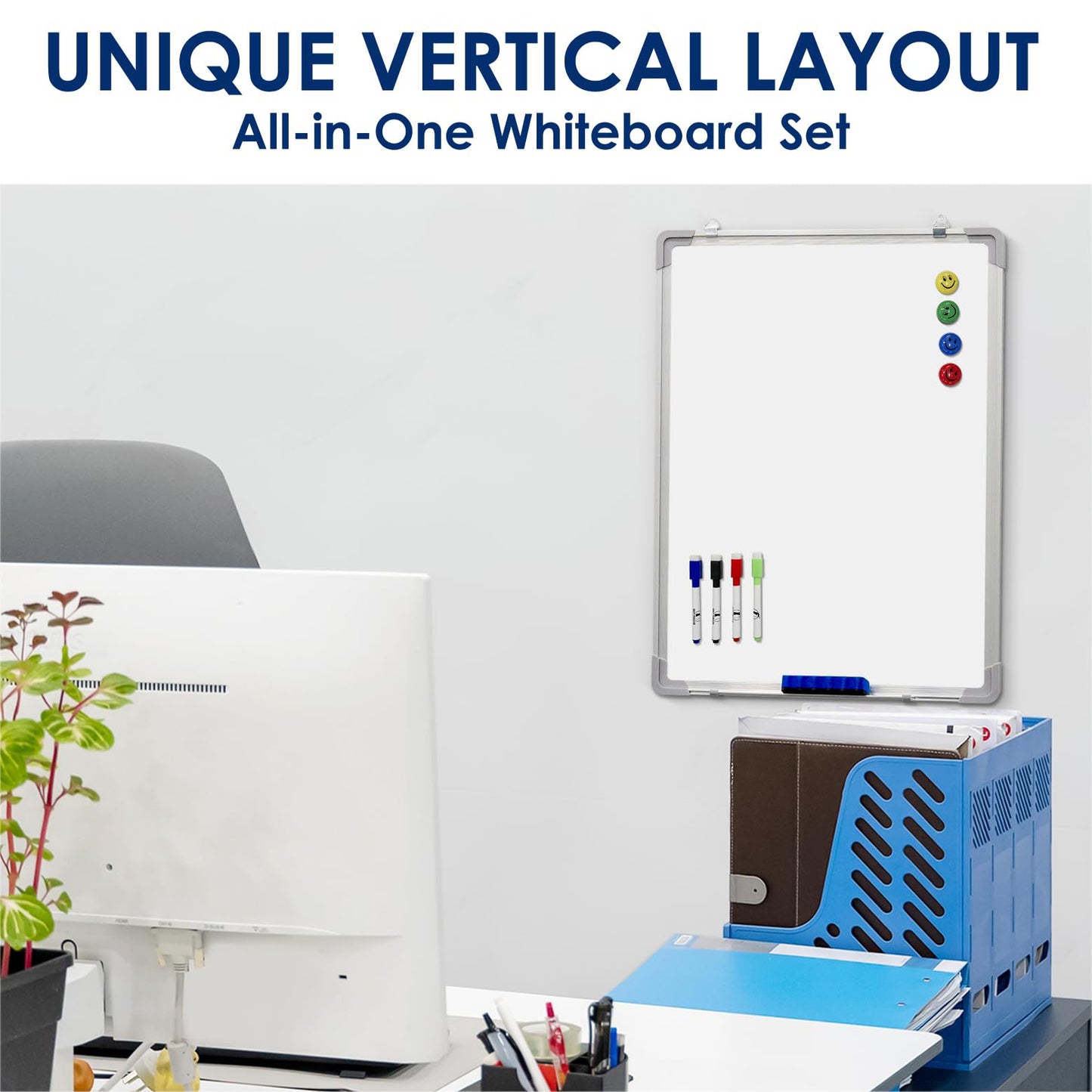 Whiteboard Set - Dry Erase Board 18 x 24 in with 1 Magnetic Dry Eraser, 4 Drywipe Markers and 4 Magnets - Small White Hanging Message Scoreboard for Home and Office (18x24 in)