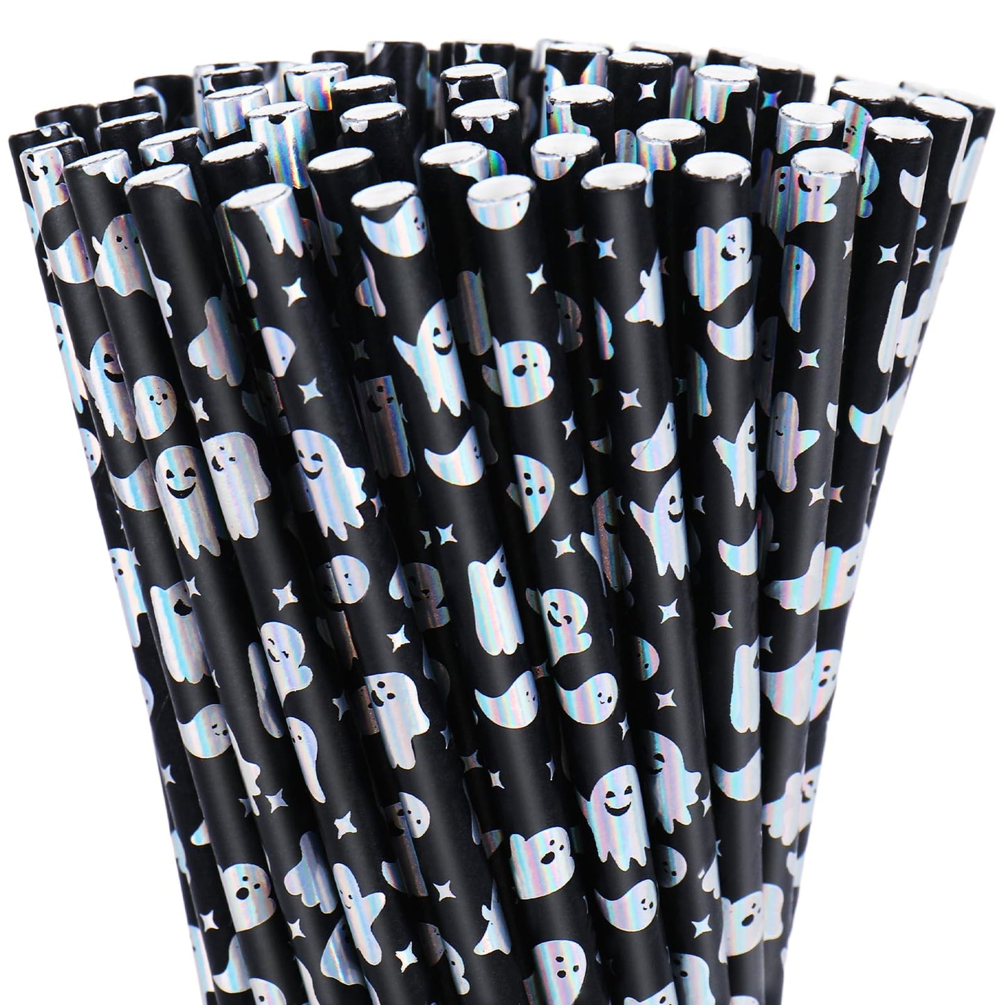 Whaline 200Pcs Halloween Paper Straws Iridescent Ghost Disposable Straws Black Silver Laser Ghost Drinking Straw for Halloween Spooky Party Supplies