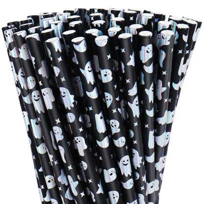 Whaline 200Pcs Halloween Paper Straws Iridescent Ghost Disposable Straws Black Silver Laser Ghost Drinking Straw for Halloween Spooky Party Supplies