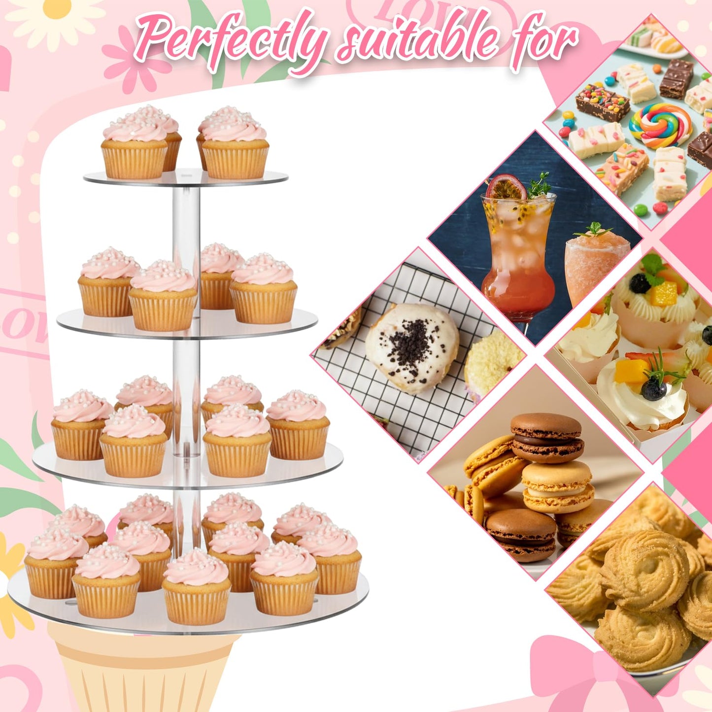 4 Tier Acrylic Cupcake Stand, Cupcake Tower Stand Clear Dessert Tower