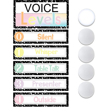 Glooglitter 5 Pcs School Magnetic Voice Level Chart Poster and Push Light Composition Notebook Classroom Decor LED Tap Light Noise Voice Level Sign for Classroom Teachers Back to School Supplies