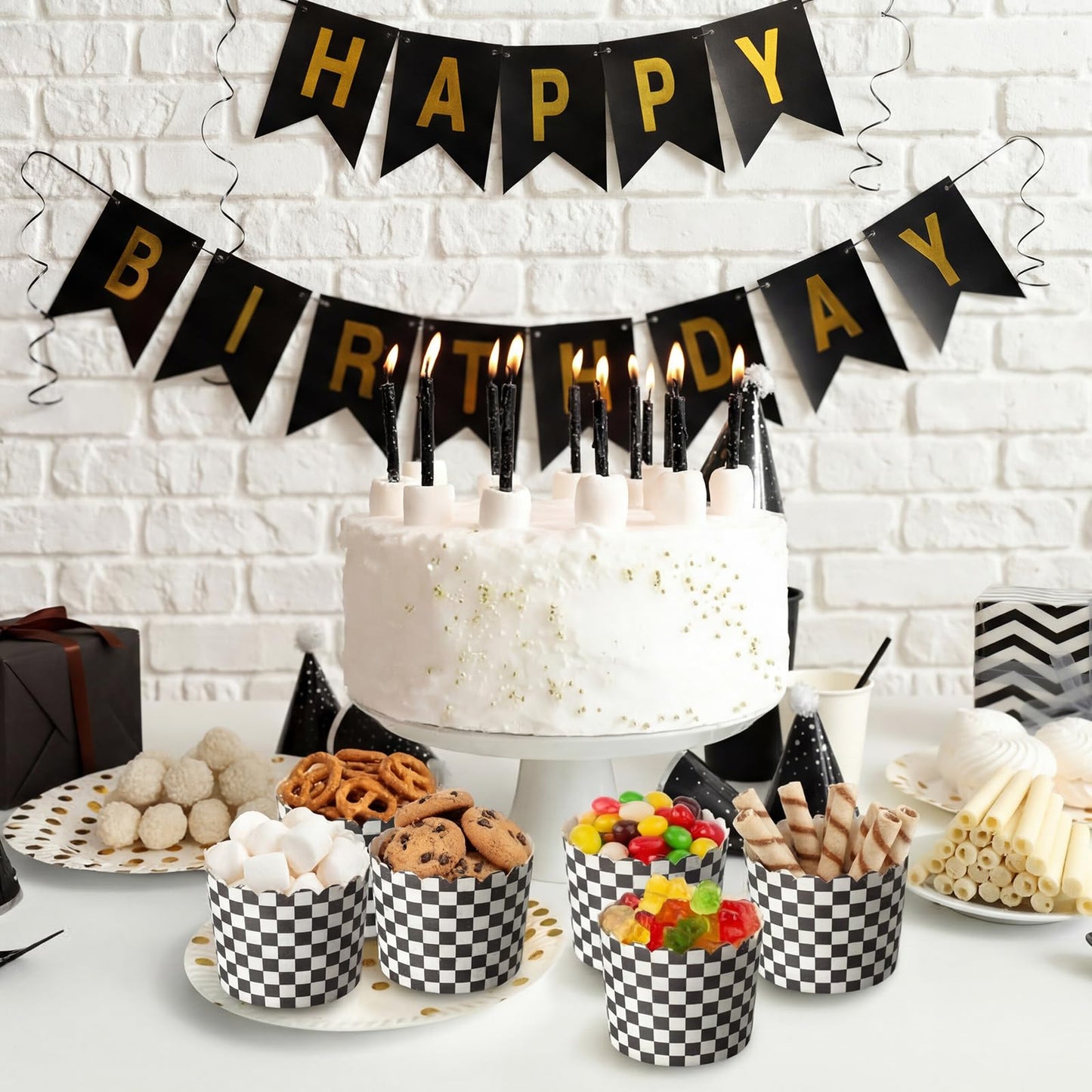 Qinyoung 150 Pcs Race Car Checkered Cupcake Wrappers Liners Black and White Paper Baking Cup Greaseproof Disposable Scalloped Checkered Flag Muffin Case for Racing Car Birthday Party Baby Shower Decor