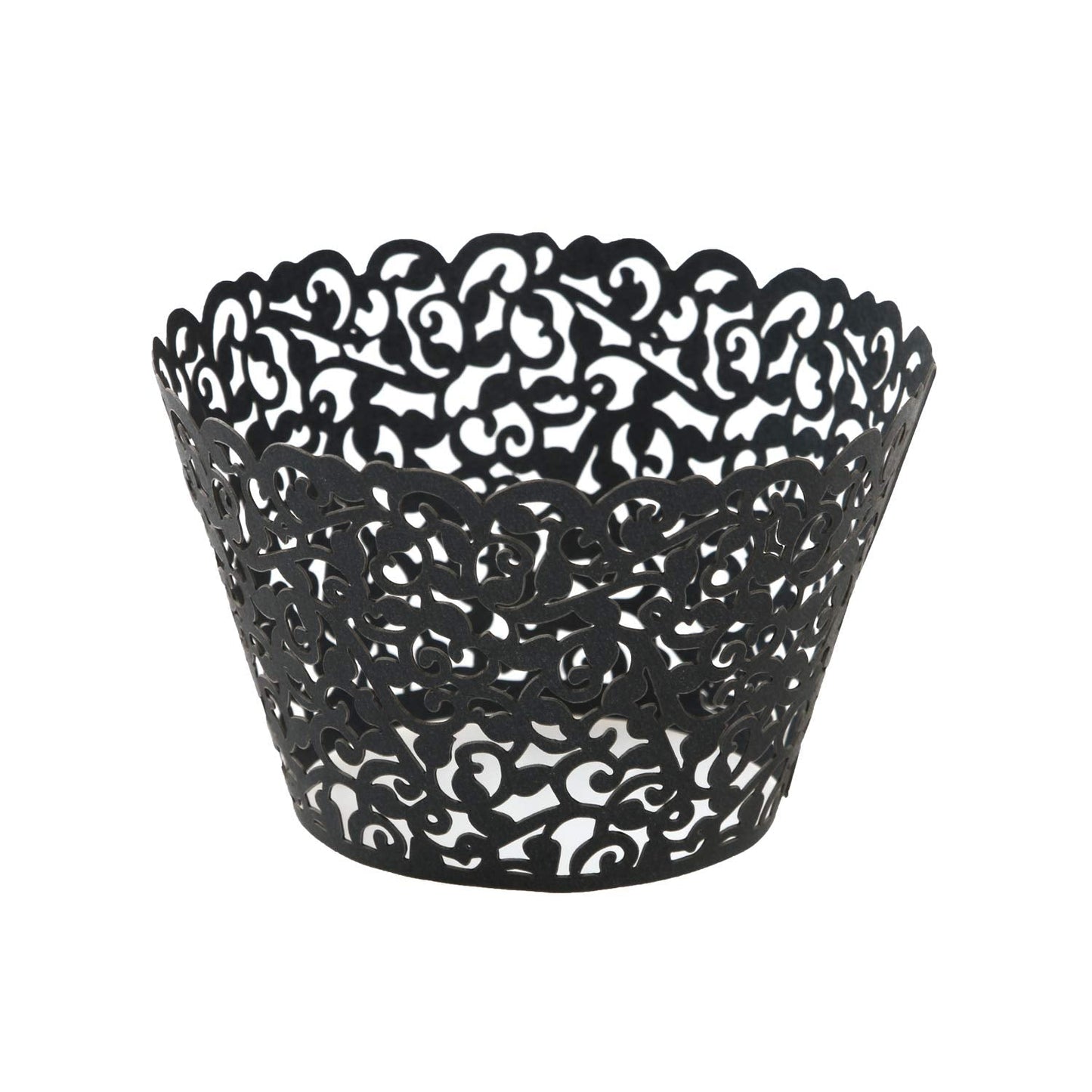 KPOSIYA Pack of 120 Cupcake Wrappers Artistic Bake Cake Paper Cups Vine Designed Laser Cut Cupcake Wraps Baking Cup Muffin Case Trays for Wedding Baby Shower Party Birthday Decoration (120, Black)
