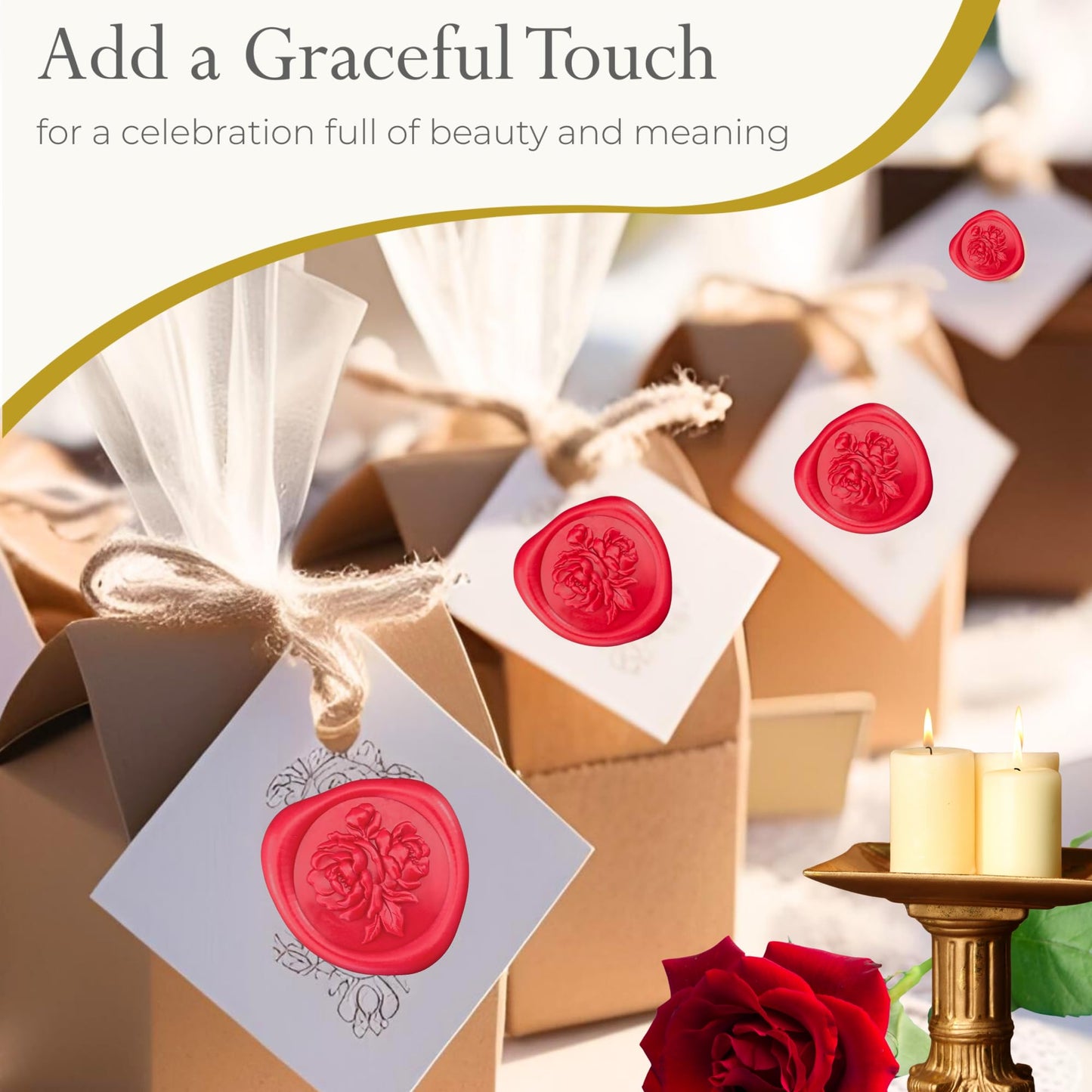50 Elegant Wax Seal Stickers with 3D Design - Envelope Seal Stickers | Self-Adhesive and Easy to Use | Ideal for Wedding Invitation, Birthday, Thanksgiving, Gift Wrapping, Party(Bright Red Peonies)