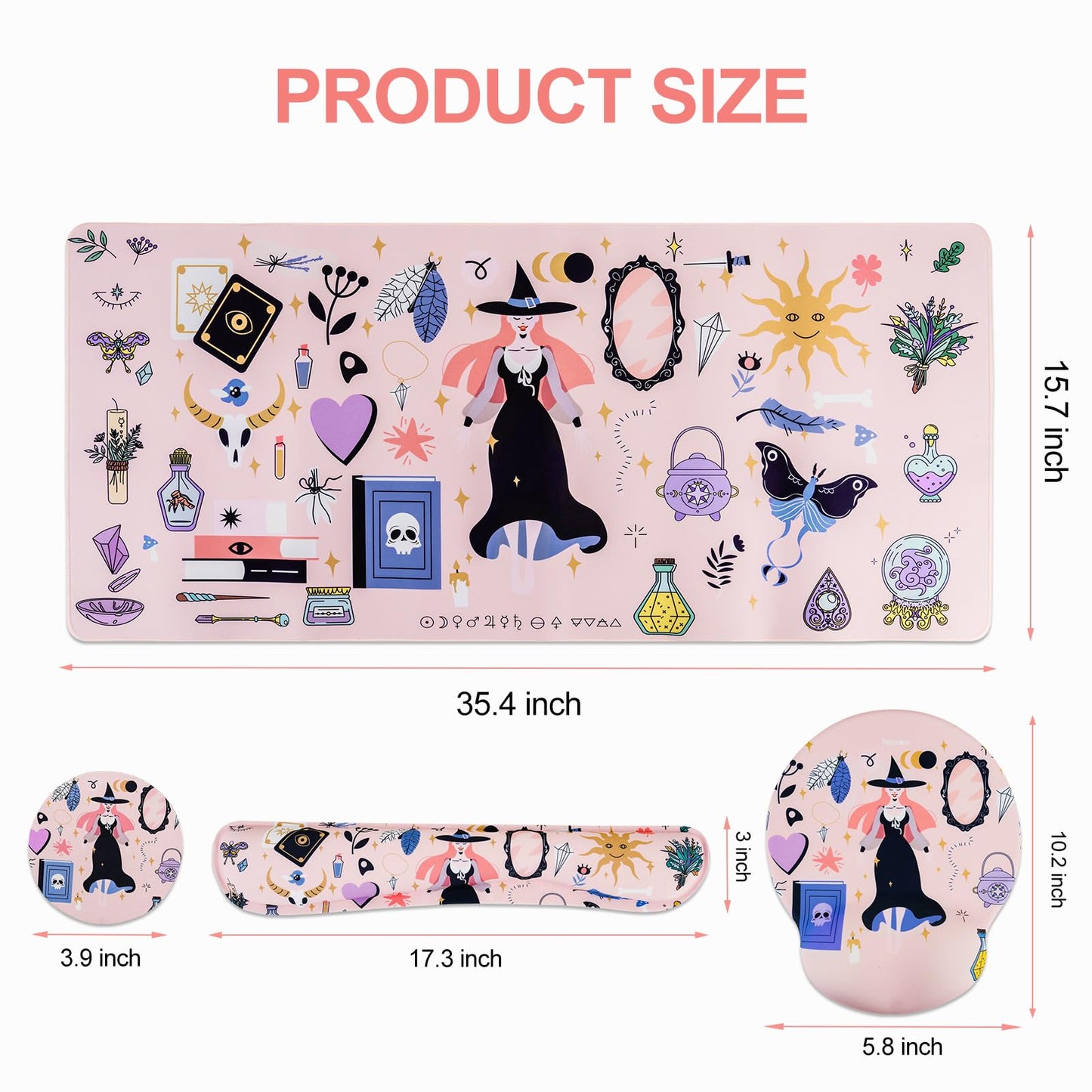 Petmolico Mouse Pad Set with Computer Keyboard Desk Pad,Mouse Pad with Wrist Rest,Typing Wrist Pad and Cup Coasters,Ergonomic Design for Typing Pain Relief [Pink,Halloween]