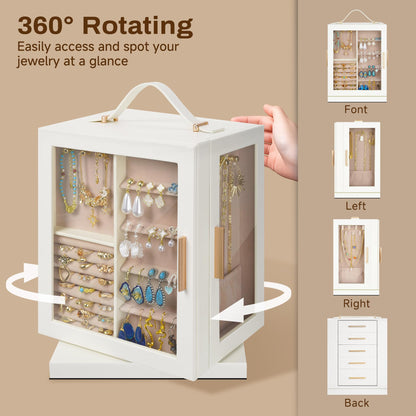 DUMIROICS 360° Rotating 5‑Drawers Jewelry Box with Top Handle & Glass Window, Spacious Vertical Jewelry Organizer, Jewelry Storage Case, Dustproof & Moisture‑resistant Design. (White)