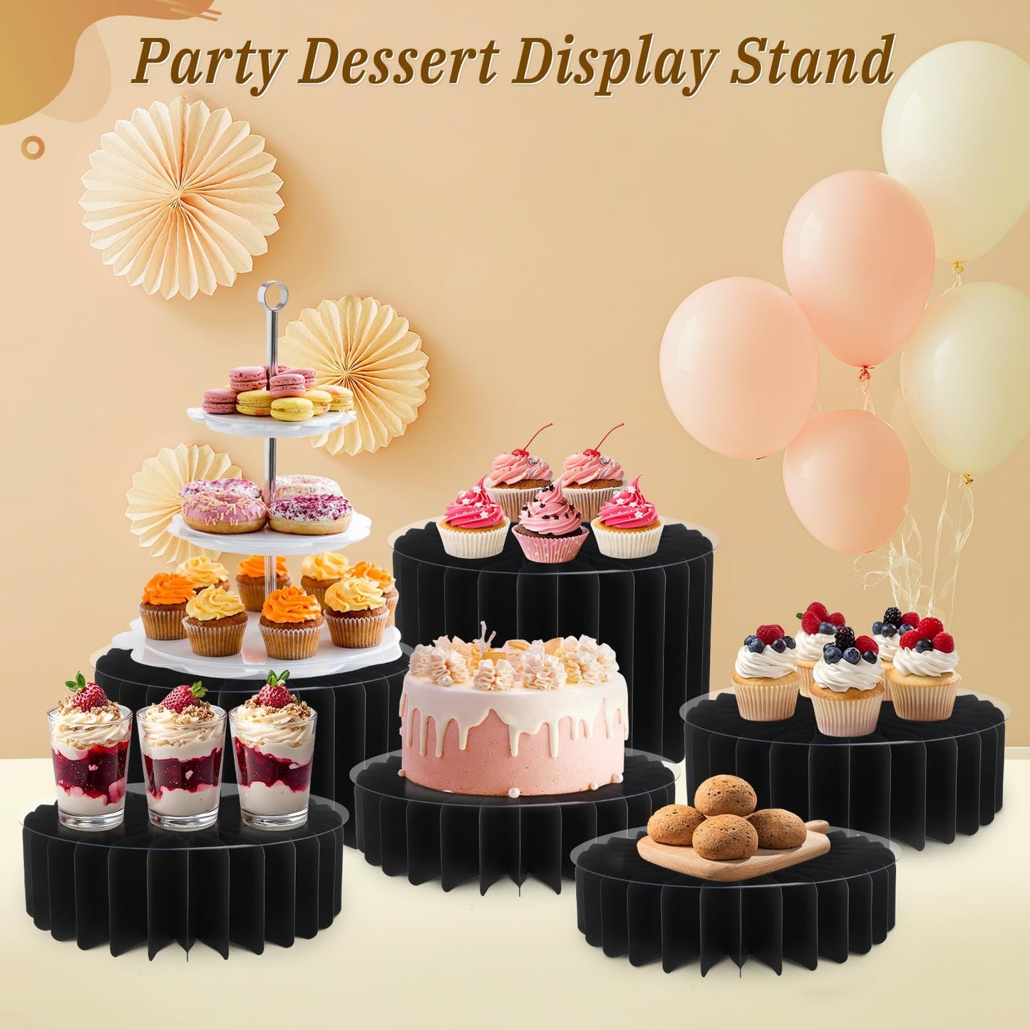 Youjoitim 6Pcs Buffet Risers, Food Risers for Table, Foldable Cake Display Stands, Tall Cardboard Cupcakes Stand for Show Catering Desserts Jewelry Wedding Birthday Party Decoration (Black)