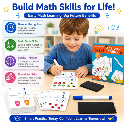 Write & Wipe Activity Cards for Kids, Reusable Tracing Flash Cards, Preschool Handwriting Practice Set, Letter Number Math Learning Activities Ages 3-6 (Addition and Subtraction)