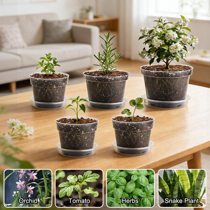 RooTrimmer 15 Pack 8/7/6 Inch Clear Nursery Pots with Saucer, Transparent Plastic Plant Pot with Drainage Hole, Sturdy Planting Starter Pots for Gardening Flower Herb Vegetable