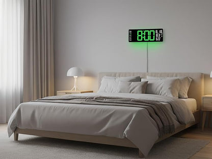 17.5 Inch Green LED Digital Wall Clock with 8 Ambient Light Colors｜Displays Time,Date,Day,Temperature&Humidity,Dual Alarms,Countdown&Stopwatch,DST,10-Level Auto/Manual Brightness｜Modern Silent Clock