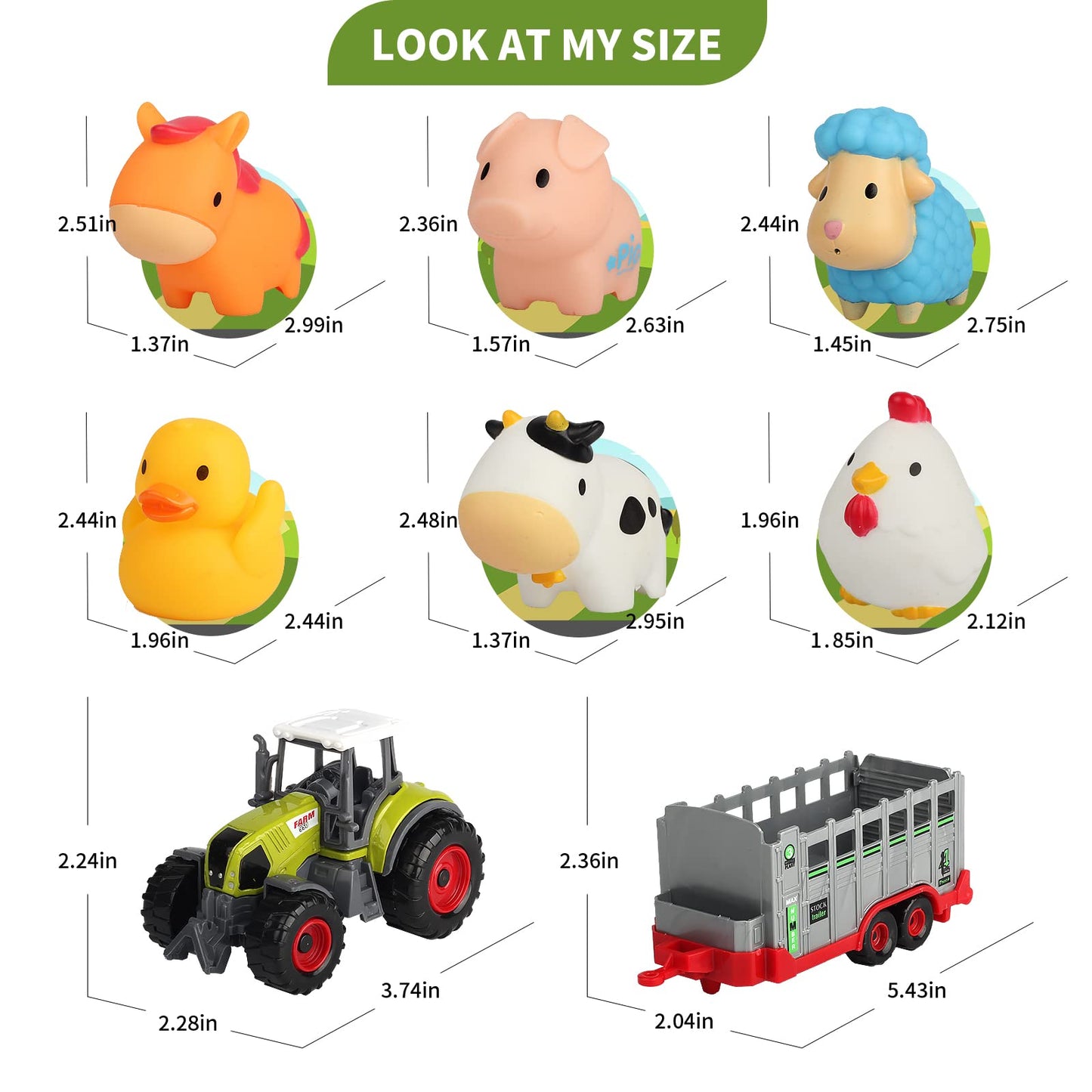 Oriate Farm Tractor Carrier with Cartoon Farm Animals and Playmat, 6 Pack Bath Squirter Silicone Rubber Farm Animal Toys, 47.2” x 31.5” Happy Farm Play mat, Birthday Gifts for Kids