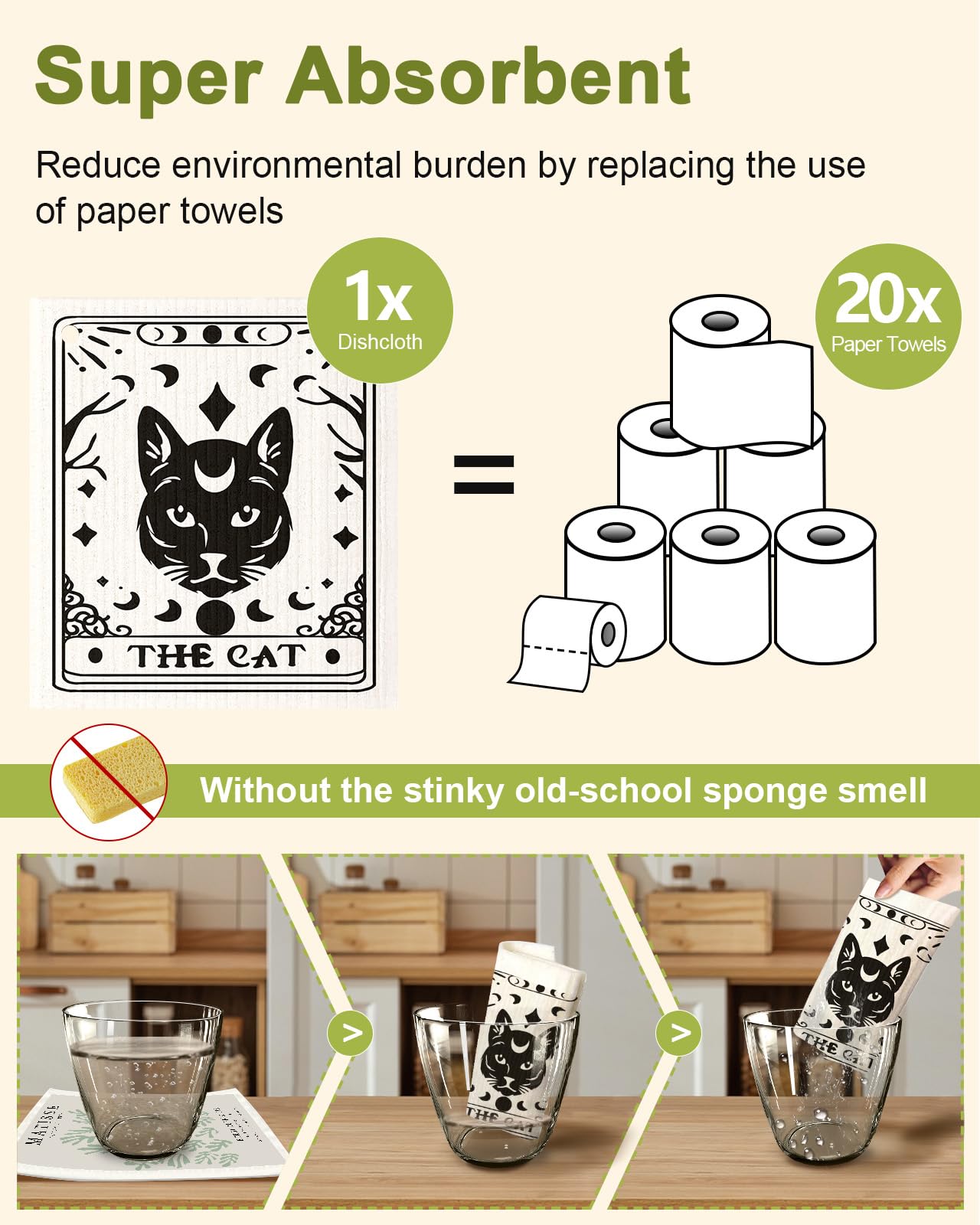 Miss Adola 8 Pack Reusable Kitchen Dishcloths - Absorbent, Fast Drying, Washable Swedish Towels with Cute Black Skull Design