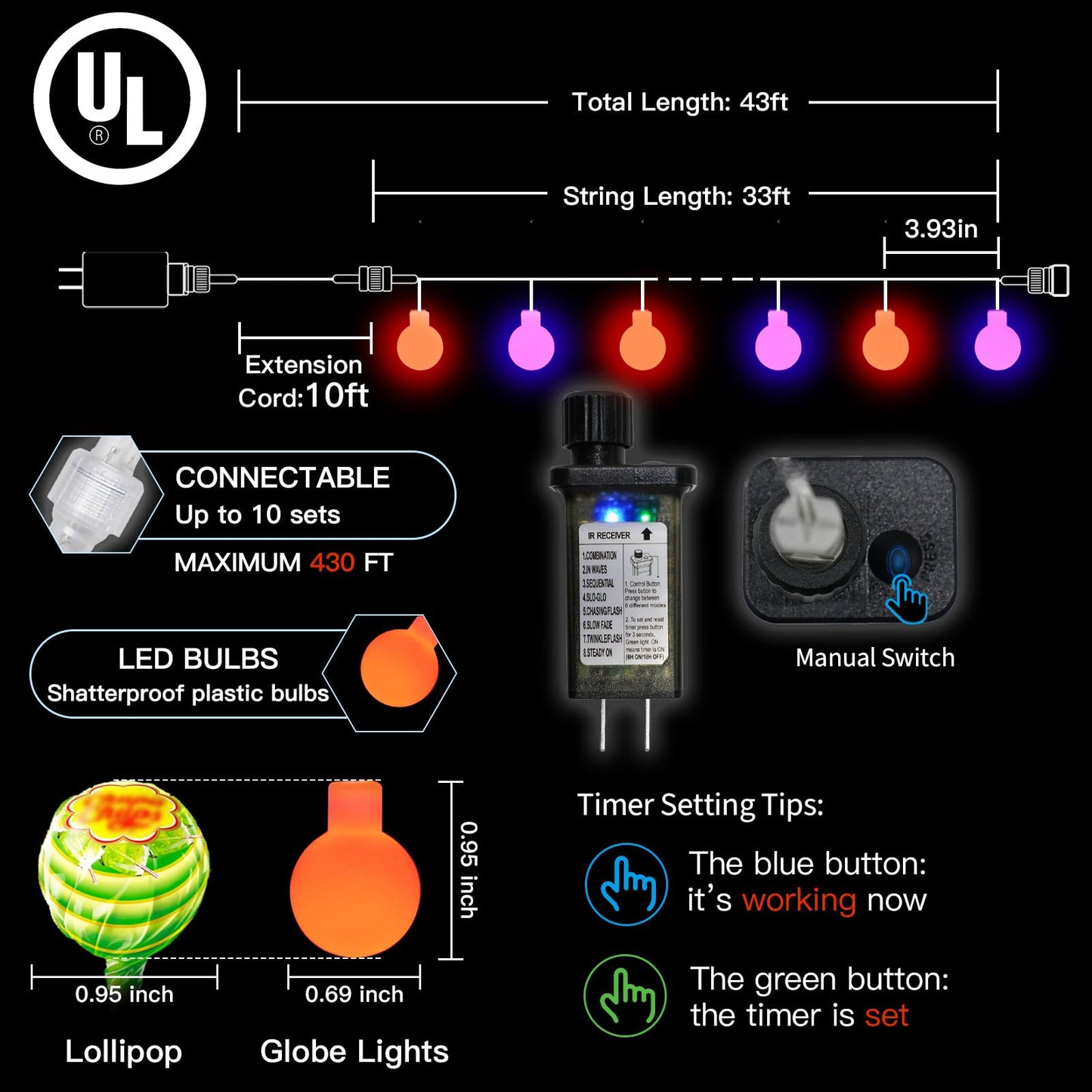 suddus Halloween Lights Indoor with Remote, 33ft 100 Led Purple and Orange Globe String Lights, Fairy Lights Plug in with 8 Lighting Modes for Bedroom, Home, Office, Halloween Decorations