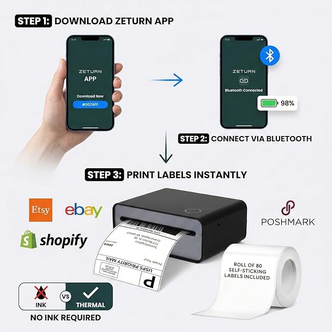 4x6 Thermal Shipping Label Printer - Wireless Bluetooth, Rechargeable Battery, No Ink Needed - for iPhone, Android, Home