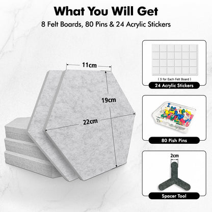 ANLIOTE 8-Pack Hexagon Felt Cork Board, 1/2" Thick Felt Bulletin Pinboard with 80 Push Pins, Adhesive Tabs, Geometric Cork Wall Tiles for Photos, Memos, Home & Office Decor (Light Grey)