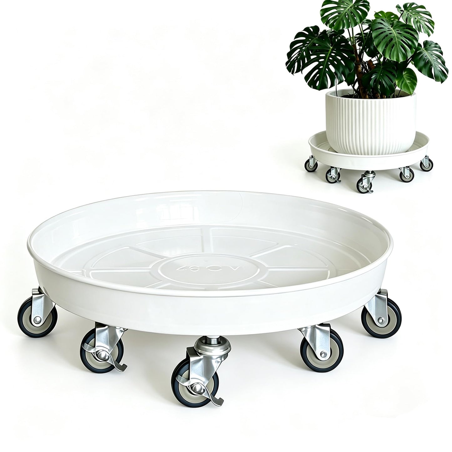 SKAFORZ Rolling Planter Caddy(470lbs Capacity), Heavy Duty Metal Plant Stand with Brake Wheels Plant Dolly Mover Plant Pot Tray Saucer for Indoor Outdoor 18inches White