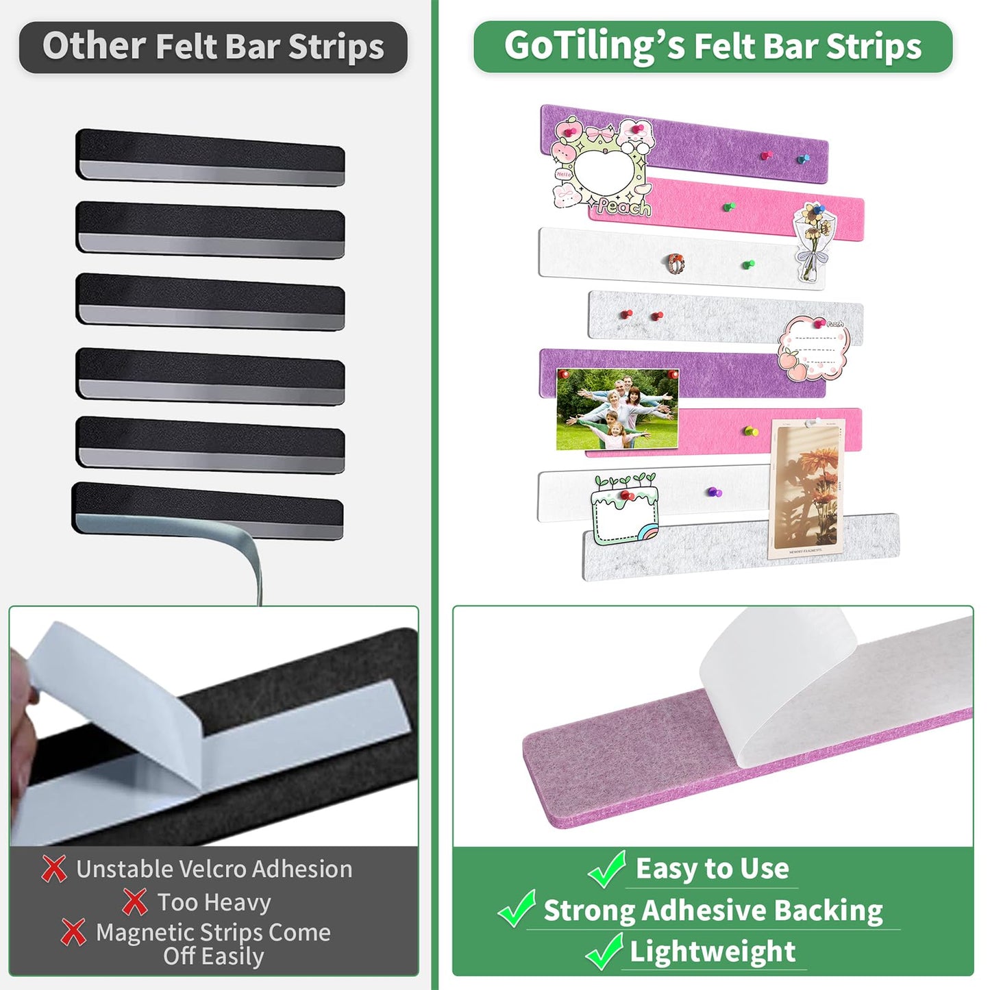 GoTiling Cork Board for Walls - 8 Pack Felt Pin Board Bar Strips - Self-Adhesive Lightweight Bulletin Board - Cork Board for Office with 40 Push Pins No Damage for Wall