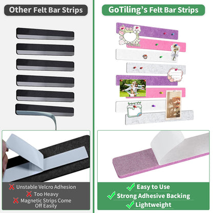 GoTiling Cork Board for Walls - 8 Pack Felt Pin Board Bar Strips - Self-Adhesive Lightweight Bulletin Board - Cork Board for Office with 40 Push Pins No Damage for Wall