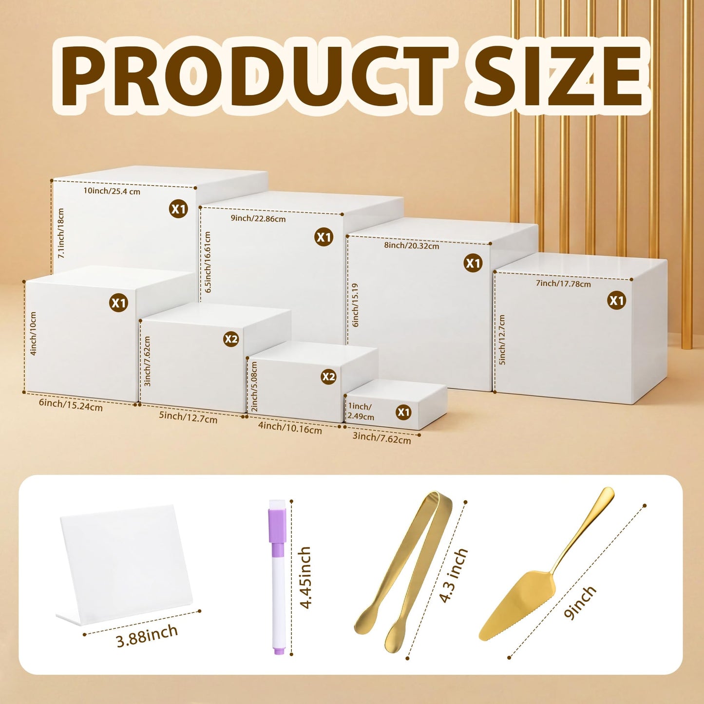 10 Pcs Buffet Risers with Mini Sign and Maker Serving Tongs Cake Cutter, White Acrylic Food Display Stands for Buffet Table Party Catering Dessert Nesting Cube Boxes with Hollow Bottoms (10",9",8",7",6",5",5",4",4",3")