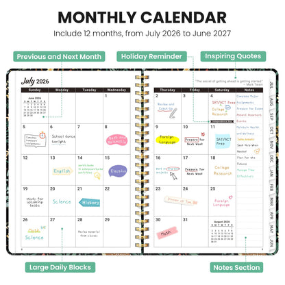 Academic Planner 2026-2027, Monthly and Weekly Calendar Planner, July 2026 - June 2027, Pretty Hardcover Teacher Student Planning Agenda Book with Tabs, Fit for School Office Supplies, 6.3" x 8.5", Forest Fawns