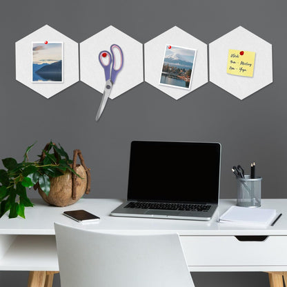 8 Packs White Hexagon Felt Pin Board, 12" Bulletin Board with 30 Push Pins, Felt Board for Home Kitchen Office Decor, Self-Adhesive Corkboard Tiles for Walls Classroom Message Photos Memos Display
