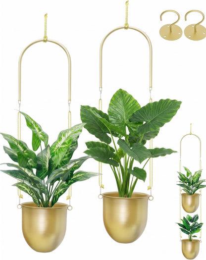 AceList Gold Hanging Planter Set of 2-5.51 Inch Hanging Planters for Indoor Plants, Home, Balcony, Garden, and Patio - Window Hanging Planters with Hemp Rope
